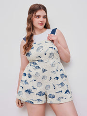 100% Cotton Shell Graphic Roll Hem Pocket Romper Curve & Plus