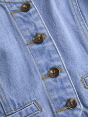Denim Asymmetrical Neck Solid Button Crop Top