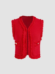 Knit V-neck Solid Raw Hem Texture Crop Vest