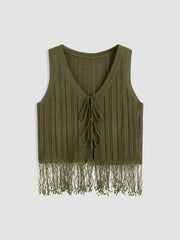 Knit V-neck Solid Tassel Tie Front Crop Vest Curve & Plus