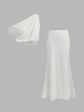 Cotton-blend Asymmetrical Neck Solid Crop Top With Mid Rise Solid Ruffle Maxi Skirt