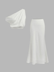Cotton-blend Asymmetrical Neck Solid Crop Top With Mid Rise Solid Ruffle Maxi Skirt