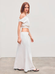 Cotton-blend Asymmetrical Neck Solid Crop Top With Mid Rise Solid Ruffle Maxi Skirt