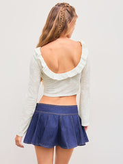 Jacquard Boat Neck Solid Lettuce Trim See-through Crop Top