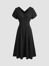 V-neck Solid Pleated Midi Dress