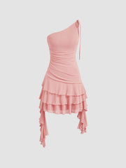 Mesh Asymmetrical Neck Solid Layered Ruffle Hem Mini Dress