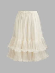 Voluminous Mesh Mid Rise Layered Tulle Ruffle Hem Solid Maxi Skirt Curve & Plus