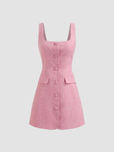Tweed Square Neck Solid Button Pocket Mini Dress