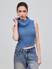 Knit High Neck Solid Rib Crop Vest