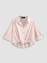 Cotton-blend Collar Striped Knotted Roll-up Long Sleeve Shirt Curve & Plus