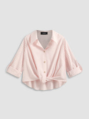 Cotton-blend Collar Striped Knotted Roll-up Long Sleeve Shirt Curve & Plus