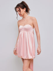Bowknot Satin Tube Solid Bubble Hem Mini Dress