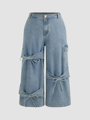 Cider Denim Mid Rise Solid Bowknot Pocket Wide Leg Jeans Curve & Plus
