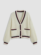 Knit V-neck Solid Button Pocket Contrasting Binding Cardigan