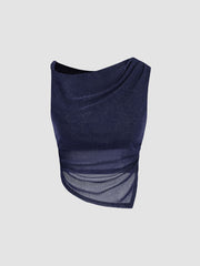 Mesh Asymmetrical Neck Solid Glitter Ruched Tank Top