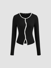 Round Neckline Solid Asymmetrical Button Long Sleeve Top