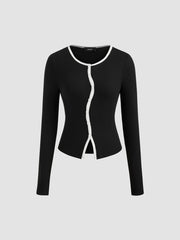 Round Neckline Solid Asymmetrical Button Long Sleeve Top