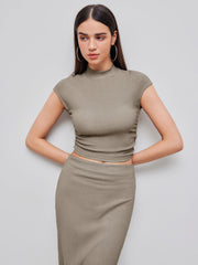 High Neck Solid Texture Ruched Tank Top & Mid Rise Solid Texture Split Maxi Skirt