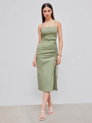 Cotton-blend Square Neck Solid Ruched Drawstring Midi Dress