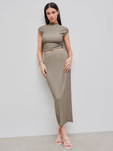 High Neck Solid Texture Ruched Tank Top & Mid Rise Solid Texture Split Maxi Skirt