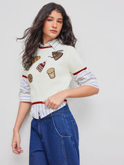 Knit Round Neckline Contrasting Binding Food Graphic Crop Top
