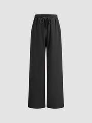 Petite Mid Rise Solid Drawstring Pocket Wide Leg Trousers