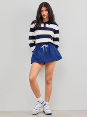 Knit Polo Striped Crop Long Sleeve Top