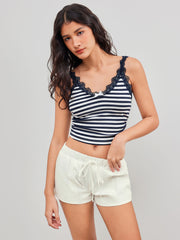 Cotton-blend V-neck Striped Lace Trim Bowknot Crop Cami Top