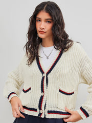 Knit V-neck Solid Button Pocket Contrasting Binding Cardigan