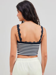 Cotton-blend V-neck Striped Lace Trim Bowknot Crop Cami Top