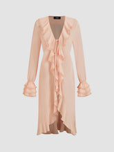 Chiffon V-neck Solid Lace Trim Ruffle Knotted See-through Long Sleeve Blouse