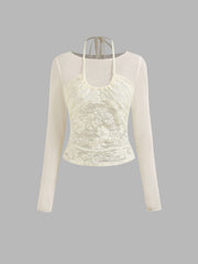 Lace Boat Neckline Solid Knotted Long Sleeve Top