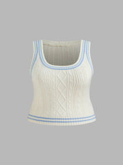 Cable Knit Square Neck Solid Contrasting Binding Crop Top Curve & Plus