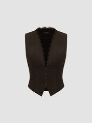 V-Neck Lace Trim Waistcoat With Scarf