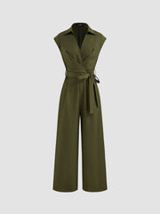 Collar Solid Pocket Wide Leg Jumpsuit With Belt