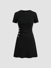 Cotton-blend Round Neckline Solid Button Mini Dress
