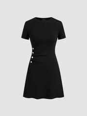 Cotton-blend Round Neckline Solid Button Mini Dress