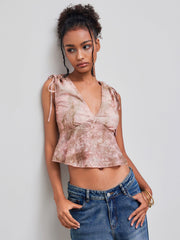 V-neck Abstract Ruffle Hem Knotted Tank Top