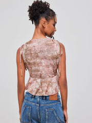 V-neck Abstract Ruffle Hem Knotted Tank Top