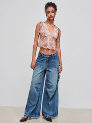 V-neck Abstract Ruffle Hem Knotted Tank Top