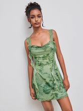 Mesh Cowl Neck Floral Ruffle Hem Ruched Mini Dress