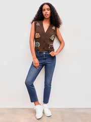 Knit V-neck Retro Flower Crop Vest