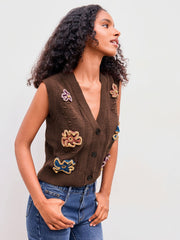 Knit V-neck Retro Flower Crop Vest