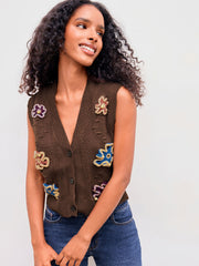 Knit V-neck Retro Flower Crop Vest