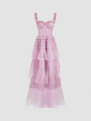 Woven Corset Layered Tulle Ruffle Maxi Dress