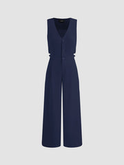 Woven V-neck Solid Pocket Cut Out Vest Jumpsuit