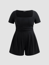 Cotton-blend Square Neck Solid Ruched Pocket Romper Curve & Plus