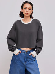 Terry Round Neckline Solid Contrasting Binding Crop Sweatshirt