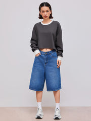 Terry Round Neckline Solid Contrasting Binding Crop Sweatshirt
