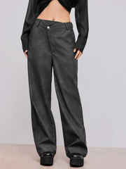 Faux Leather Mid Rise Solid Wide Leg Trousers